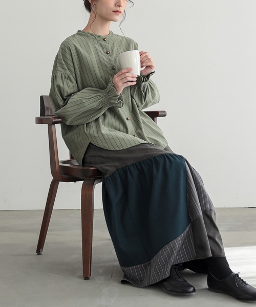 n'OrLABEL(ノアールレーベル)の「ストライププリントコーデュロイブラウス(シャツ/ブラウス・レディース・グリーン/ベージュ・FREE)」の6枚目の写真