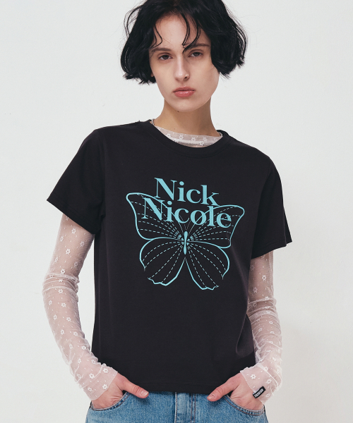 NICK&NICOLE(ニックアンドニコール)の「BUTTERFLY NICOLE LABEL SLIM TOP_BLACK SKYBLUE(Tシャツ/カットソー・レディース・その他・FREE)」の1枚目の写真