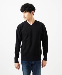 MK MICHEL KLEIN HOMME  | 【Vネック/洗濯機で洗える】ランダムタック ストライプニット(ニット/セーター)