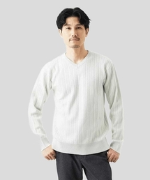 MK MICHEL KLEIN HOMME （エムケーミッシェルクランオム）の「【Vネック/洗濯機で洗える】ランダムタック ストライプニット（ニット/セーター）」