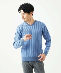 MK MICHEL KLEIN HOMME  | 【Vネック/洗濯機で洗える】ランダムタック ストライプニット(ニット/セーター)