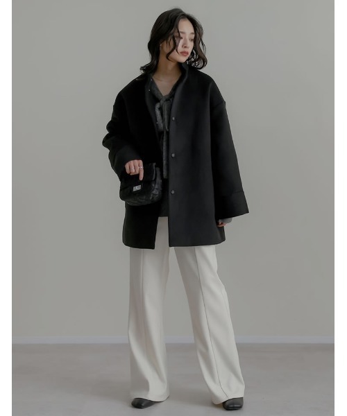 Re:EDIT（リエディ）の「[2025 WINTER COLLECTION][2点セット]フェイクウールスタンドカラーストール付きミドルコート（ポンチョ・レディース・ブラック/グレイッシュベージュ/チャコールグレー・MEDIUM/LARGE）」の10枚目の写真