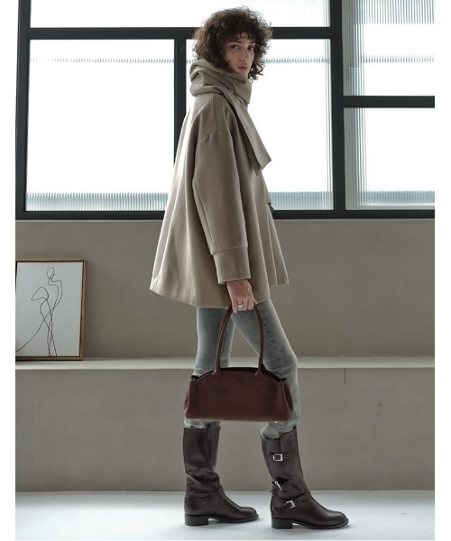 Re:EDIT（リエディ）の「[2025 WINTER COLLECTION][2点セット]フェイクウールスタンドカラーストール付きミドルコート（ポンチョ・レディース・ブラック/グレイッシュベージュ/チャコールグレー・MEDIUM/LARGE）」の13枚目の写真