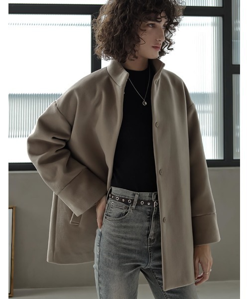 Re:EDIT（リエディ）の「[2025 WINTER COLLECTION][2点セット]フェイクウールスタンドカラーストール付きミドルコート（ポンチョ・レディース・ブラック/グレイッシュベージュ/チャコールグレー・MEDIUM/LARGE）」の14枚目の写真