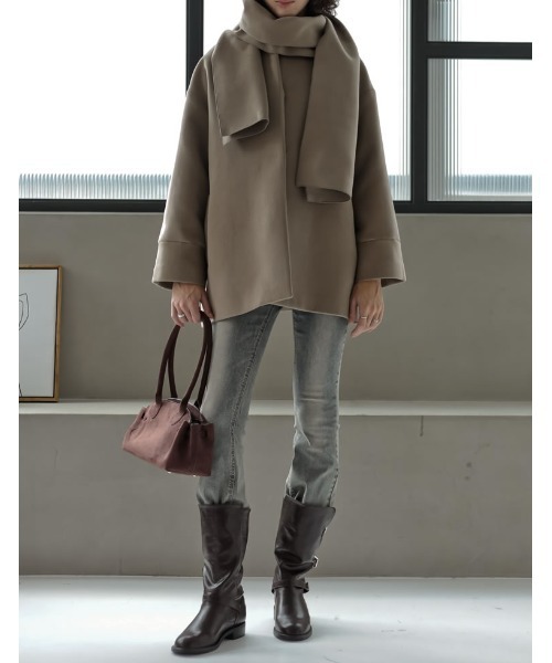 Re:EDIT（リエディ）の「[2025 WINTER COLLECTION][2点セット]フェイクウールスタンドカラーストール付きミドルコート（ポンチョ・レディース・ブラック/グレイッシュベージュ/チャコールグレー・MEDIUM/LARGE）」の11枚目の写真