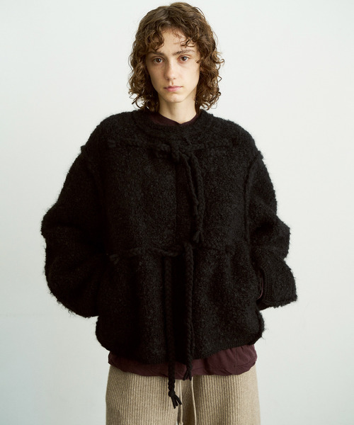 ファー付き黒ニットジャケット Ｌ UNFIL アンフィル / mohair & shetland wool jumbo loop knit jacket