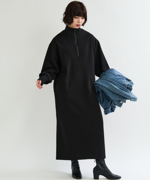 A.D.C.L.（エーディーシーエル）の「ハーフジップ ダンボールニット ロングワンピース（ワンピース・レディース・杢グレー/ブラック・M/L）」の4枚目の写真