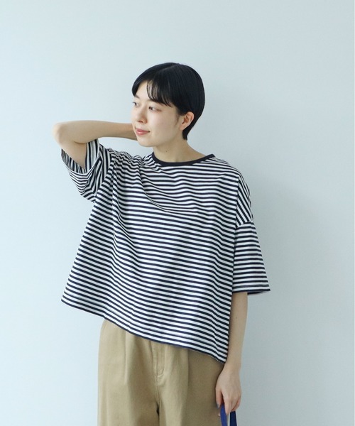PAR ICI(パーリッシィ)の「ボーダー配色バインダー 5分袖BIG Tシャツ【BASIC COLOR】(Tシャツ/カットソー・レディース・ネイビー/レッド/ブルー・FREE)」の2枚目の写真