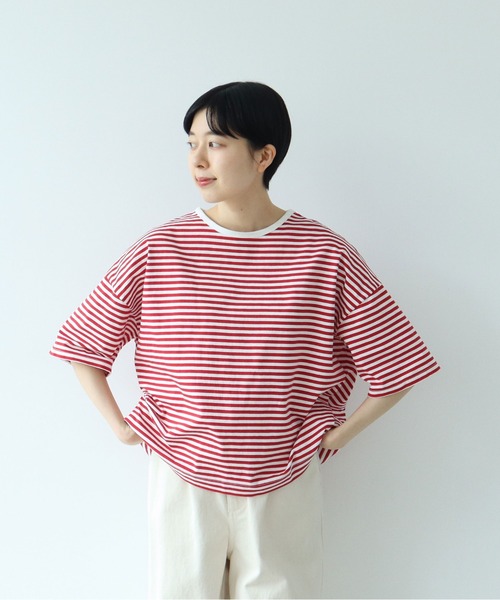 PAR ICI(パーリッシィ)の「ボーダー配色バインダー 5分袖BIG Tシャツ【BASIC COLOR】(Tシャツ/カットソー・レディース・ネイビー/レッド/ブルー・FREE)」の3枚目の写真