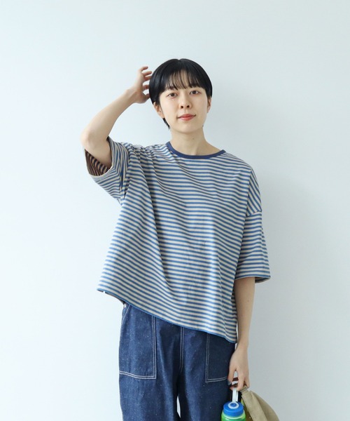 PAR ICI(パーリッシィ)の「ボーダー配色バインダー 5分袖BIG Tシャツ【BASIC COLOR】(Tシャツ/カットソー・レディース・ネイビー/レッド/ブルー・FREE)」の4枚目の写真