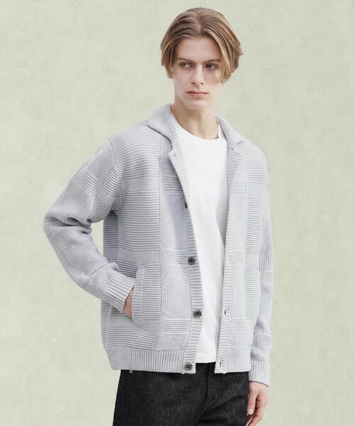 TAKEO KIKUCHI(タケオキクチ)の「畦編みチェック ニットカーディガン(カーディガン/ボレロ・メンズ・ライトグレー/ブラック・02/03/04)」の1枚目の写真
