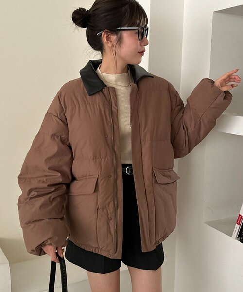 ユニセックス】衿フェイクレザー中綿ブルゾン（ダウンジャケット