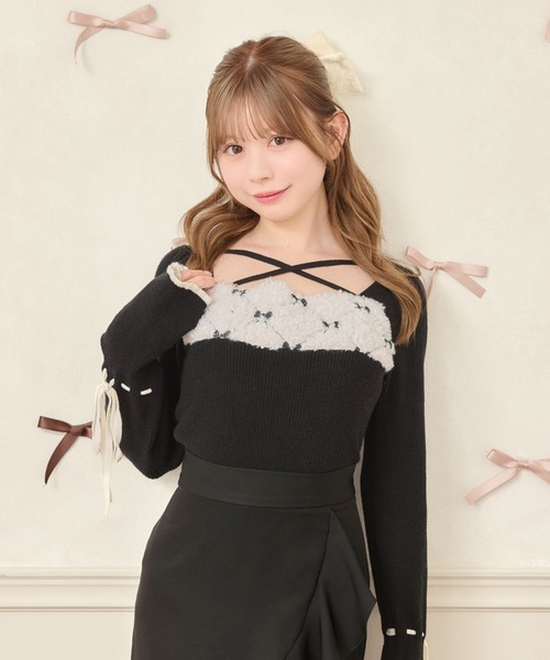 クロス紐リボン刺繍ニットトップス（ニット/セーター）｜apres jour