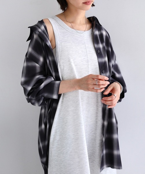 andme(アンドミー)の「イージーケア2wayチェックシャツブラウス/キャミソールビスチェ(シャツ/ブラウス・レディース・ブラック/グリーン/ベージュ・FREE)」の1枚目の写真