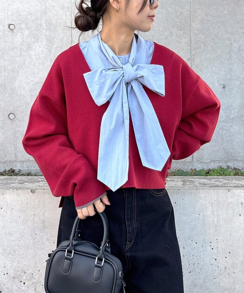 ISOOK(アイスー)の「【ISOOK / アイスー】2wayボウタイブラウス / リボンタイ シャツ スタンドカラー 2通り 前後2way マルチウェイ 長袖 白シャツ 青シャツ ホワイト ブルー(シャツ/ブラウス・レディース・ホワイト/ブルー・FREE)」の2枚目の写真