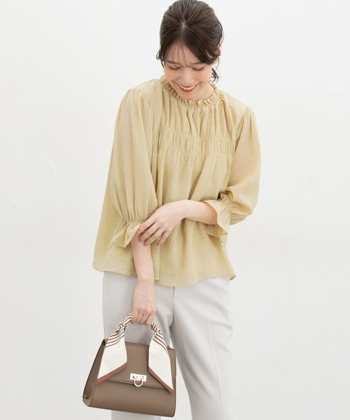 Honeys（ハニーズ）の「７分袖ギャザーブラウス（シャツ/ブラウス・レディース・ブラック系その他/ホワイト系その他/ホワイト/イエロー・L/LL/M/S）」の9枚目の写真