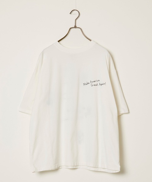 REMI RELIEF（レミレリーフ）の「REMI RELIEF/レミレリーフ SP加工25/-天竺T(刺繍：Make America Great Again！) ヴィンテージ Tシャツ  2026年春夏（Tシャツ/カットソー・メンズ・オフホワイト/ブラック・M/L/XL）」の3枚目の写真