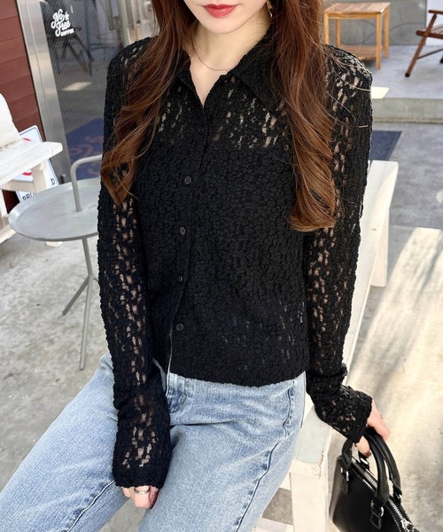 SOELA(ソエラ)の「【INGNI SOELA】ストレッチレーストップス/WEB限定(Tシャツ/カットソー・レディース・オフホワイト/ブラック・FREE)」の2枚目の写真