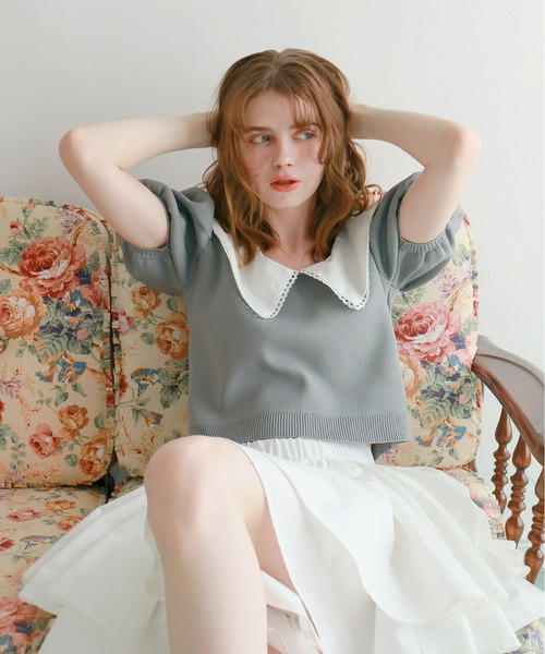 mic by Olu.(ミックバイオルドット)の「レースカラーパフトップス(Tシャツ/カットソー・レディース・ブラック/グレー/ホワイト・FREE)」の4枚目の写真