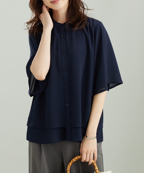 BELLUNA PLUS(ベルーナ)の「楊柳シフォンフレアー袖ブラウス(シャツ/ブラウス・レディース・ネイビー/モカ/ターコイズブルー/ブルーグレー・MEDIUM/LARGE/X-LARGE)」の6枚目の写真