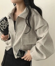 「大人カジュアル」 襟付きジップアップ ウールライクショート丈 ブルゾンジャケットアウター ボリュームスリーブ