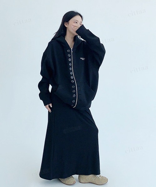 Dalfwin(ダールフィン)の「韓国ファッション RICECAKEメニーボタン2WAYジップアップパーカーフーディー(パーカー・レディース・グレー/ブラック・FREE)」の12枚目の写真