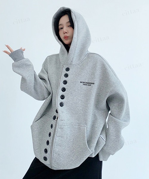Dalfwin(ダールフィン)の「韓国ファッション RICECAKEメニーボタン2WAYジップアップパーカーフーディー(パーカー・レディース・グレー/ブラック・FREE)」の19枚目の写真