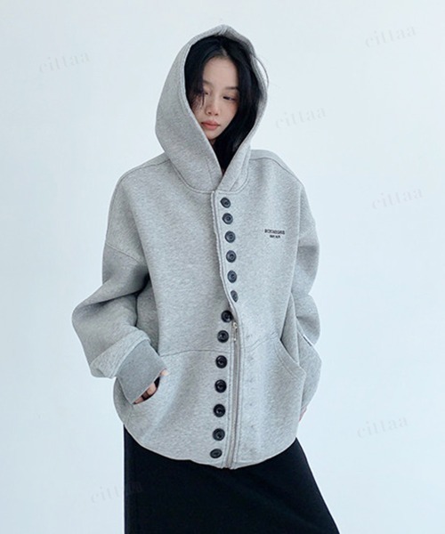 Dalfwin(ダールフィン)の「韓国ファッション RICECAKEメニーボタン2WAYジップアップパーカーフーディー(パーカー・レディース・グレー/ブラック・FREE)」の20枚目の写真