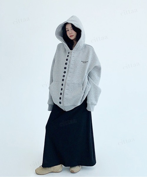 Dalfwin(ダールフィン)の「韓国ファッション RICECAKEメニーボタン2WAYジップアップパーカーフーディー(パーカー・レディース・グレー/ブラック・FREE)」の21枚目の写真