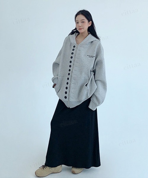 Dalfwin(ダールフィン)の「韓国ファッション RICECAKEメニーボタン2WAYジップアップパーカーフーディー(パーカー・レディース・グレー/ブラック・FREE)」の22枚目の写真