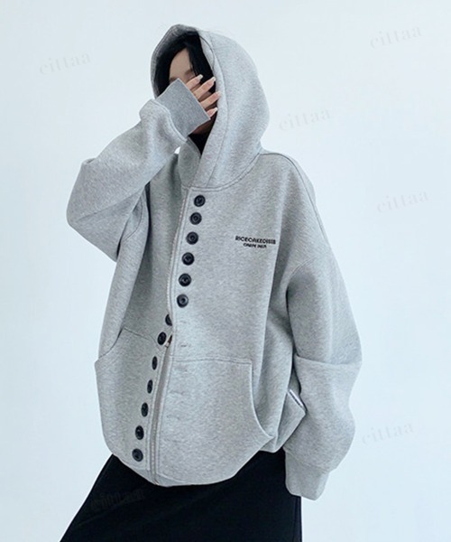 Dalfwin(ダールフィン)の「韓国ファッション RICECAKEメニーボタン2WAYジップアップパーカーフーディー(パーカー・レディース・グレー/ブラック・FREE)」の17枚目の写真