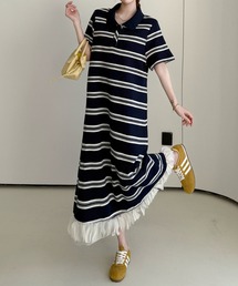 meJane | ポロ襟ランダムボーダー 裾オーガンジーフリル ロングワンピース(ワンピース)