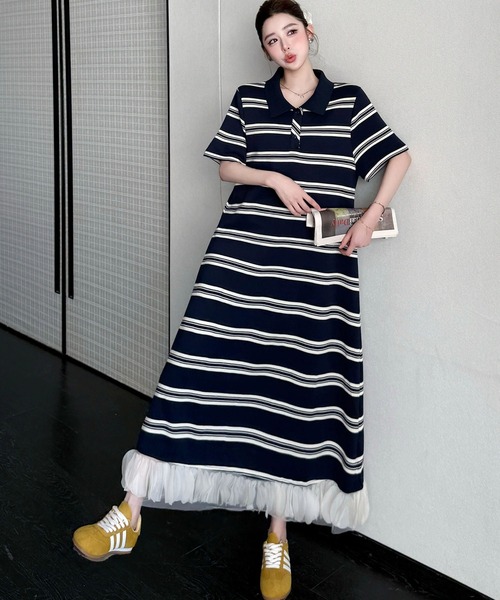 meJane（ミージェーン）の「ポロ襟ランダムボーダー 裾オーガンジーフリル ロングワンピース（ワンピース・レディース・ネイビー・FREE）」の2枚目の写真