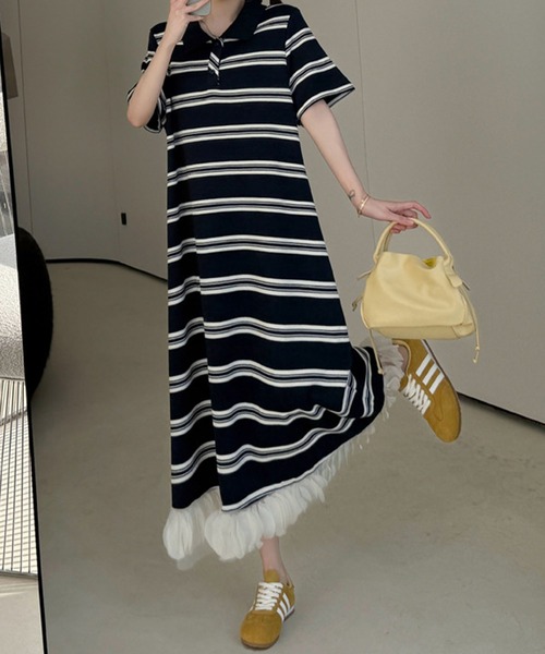 meJane（ミージェーン）の「ポロ襟ランダムボーダー 裾オーガンジーフリル ロングワンピース（ワンピース・レディース・ネイビー・FREE）」の3枚目の写真