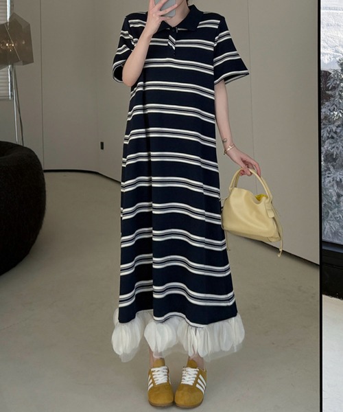meJane（ミージェーン）の「ポロ襟ランダムボーダー 裾オーガンジーフリル ロングワンピース（ワンピース・レディース・ネイビー・FREE）」の4枚目の写真