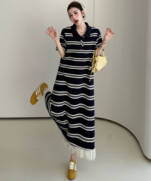 meJane（ミージェーン）の「ポロ襟ランダムボーダー 裾オーガンジーフリル ロングワンピース（ワンピース・レディース・ネイビー・FREE）」の5枚目の写真