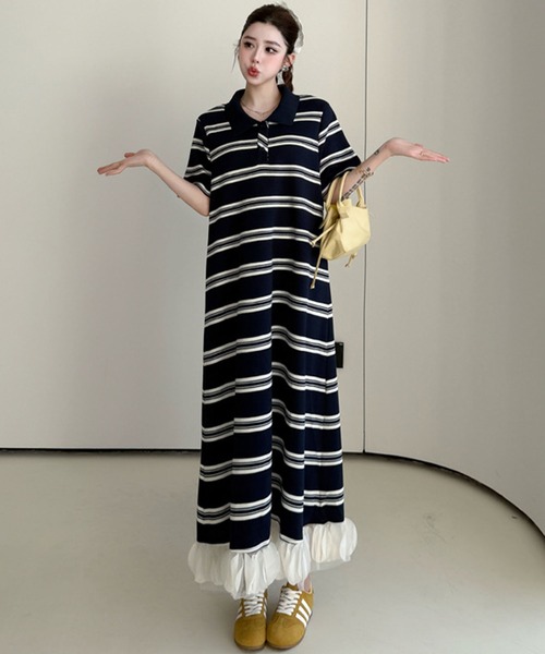 meJane（ミージェーン）の「ポロ襟ランダムボーダー 裾オーガンジーフリル ロングワンピース（ワンピース・レディース・ネイビー・FREE）」の6枚目の写真