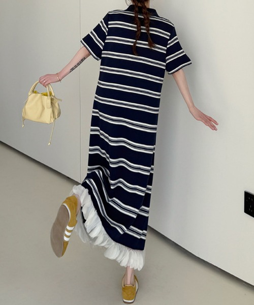 meJane（ミージェーン）の「ポロ襟ランダムボーダー 裾オーガンジーフリル ロングワンピース（ワンピース・レディース・ネイビー・FREE）」の7枚目の写真