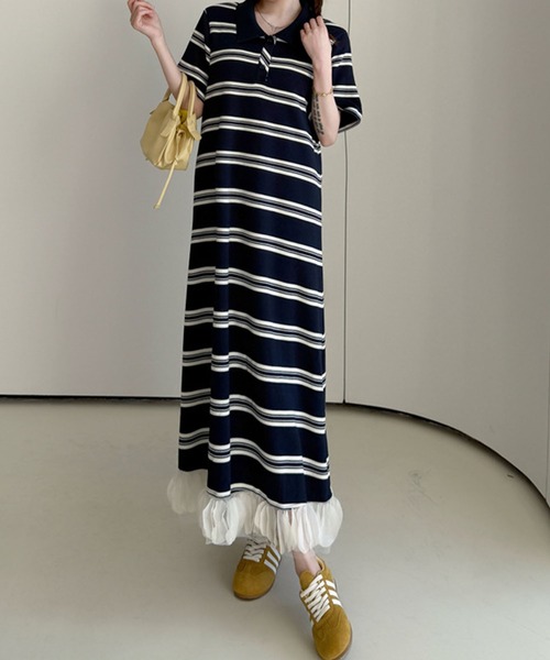 meJane（ミージェーン）の「ポロ襟ランダムボーダー 裾オーガンジーフリル ロングワンピース（ワンピース・レディース・ネイビー・FREE）」の8枚目の写真