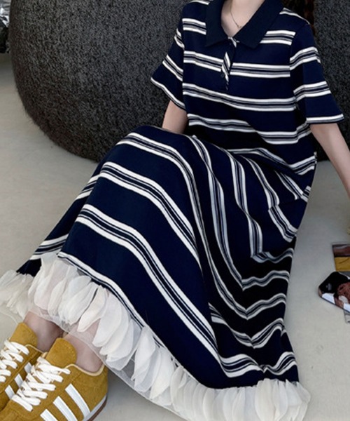 meJane（ミージェーン）の「ポロ襟ランダムボーダー 裾オーガンジーフリル ロングワンピース（ワンピース・レディース・ネイビー・FREE）」の9枚目の写真