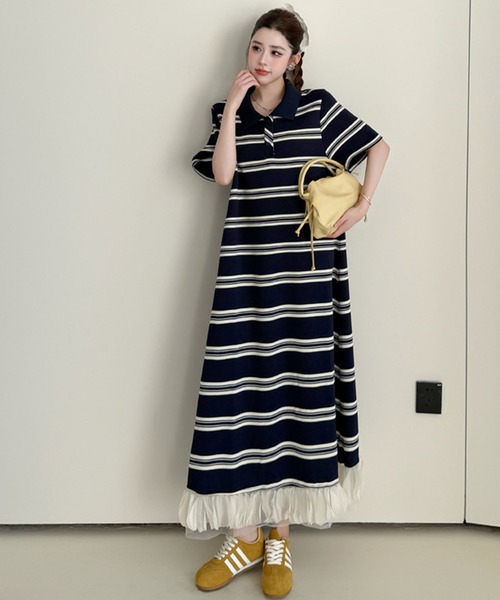 meJane（ミージェーン）の「ポロ襟ランダムボーダー 裾オーガンジーフリル ロングワンピース（ワンピース・レディース・ネイビー・FREE）」の10枚目の写真