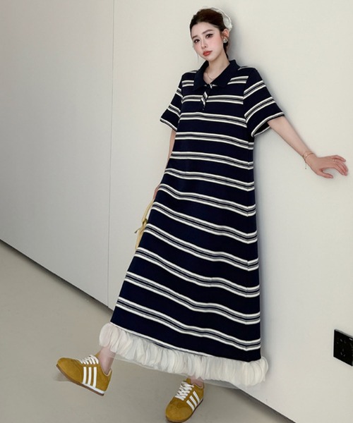 meJane（ミージェーン）の「ポロ襟ランダムボーダー 裾オーガンジーフリル ロングワンピース（ワンピース・レディース・ネイビー・FREE）」の11枚目の写真