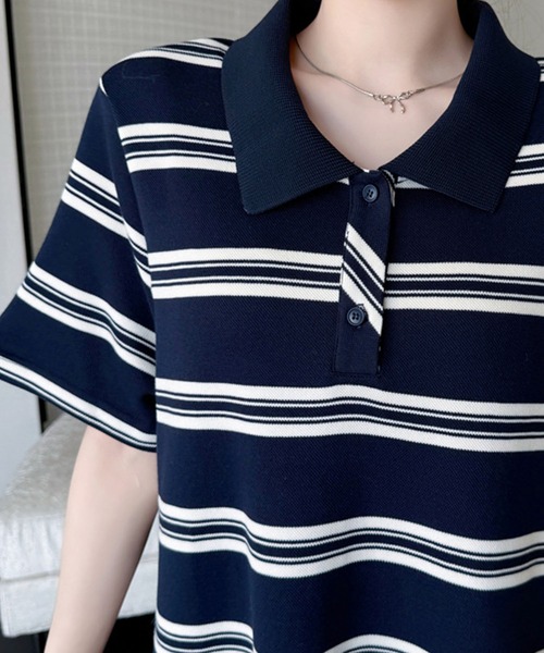 meJane（ミージェーン）の「ポロ襟ランダムボーダー 裾オーガンジーフリル ロングワンピース（ワンピース・レディース・ネイビー・FREE）」の14枚目の写真