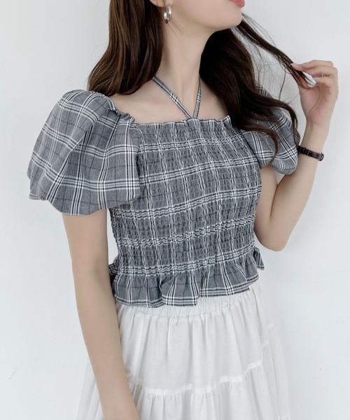 Ada.(エイダ)の「チェック柄 シャーリング パフスリーブ トップス(シャツ/ブラウス・レディース・ベージュ/オフホワイト/グレー・FREE)」の10枚目の写真