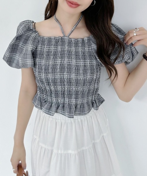 Ada.(エイダ)の「チェック柄 シャーリング パフスリーブ トップス(シャツ/ブラウス・レディース・ベージュ/オフホワイト/グレー・FREE)」の7枚目の写真