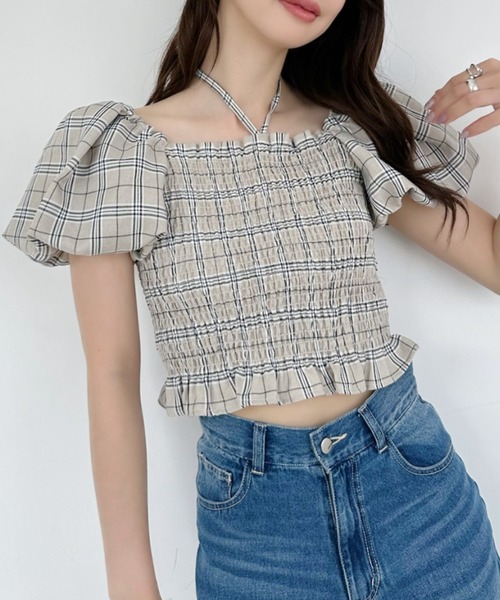 Ada.(エイダ)の「チェック柄 シャーリング パフスリーブ トップス(シャツ/ブラウス・レディース・ベージュ/オフホワイト/グレー・FREE)」の17枚目の写真