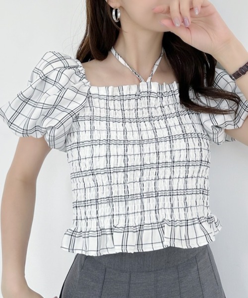 Ada.(エイダ)の「チェック柄 シャーリング パフスリーブ トップス(シャツ/ブラウス・レディース・ベージュ/オフホワイト/グレー・FREE)」の6枚目の写真