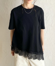 アシンメトリー 裾レース ドッキング 半袖Tシャツ レイヤード インナー トップス