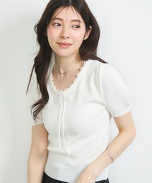 透かし編みフラワー柄リボンフリル半袖ニット