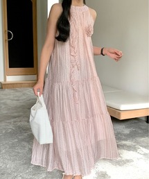 【26年春夏新作】【ブローチ付き】ドット×ストライプティアードバックリボンノースリーブロングワンピース